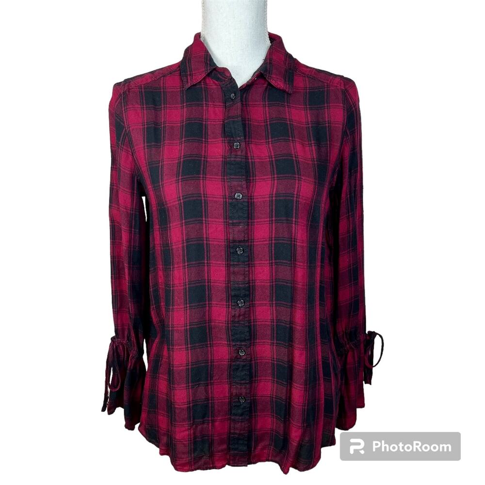 Express Womens Maroon Plaid Flannel Grunge Alterative Button Down Shirt Small